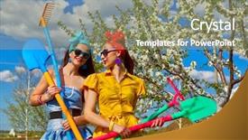  Presentation with soil - Audience pleasing slide deck consisting of two young female raking soil on garden backdrop and a seafoam green colored foreground