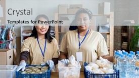  Presentation with free food - Slide deck with two-young-female-volunteers-standing background and a  colored foreground