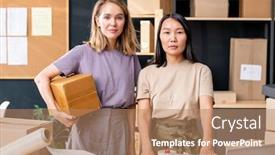  Presentation with noticeboard - PPT theme with two-young-female-workers background and a coral colored foreground