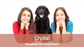  Presentation with females - PPT theme with two young females lying and posing with a dog background and a coral colored foreground