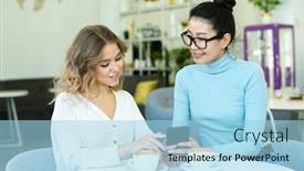  Presentation with females - Audience pleasing PPT layouts consisting of two-young-friendly-females backdrop and a light blue colored foreground