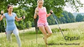  Presentation with walking nordic - Audience pleasing PPT theme consisting of two young friends nordic walking backdrop and a  colored foreground