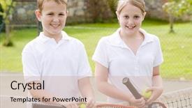  Presentation with court - Presentation theme with two young friends with rackets on tennis court smiling background and a soft green colored foreground