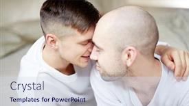  Presentation with lovers - Slides consisting of two young gay lovers in white t-shirts touching by their heads in bed background and a sky blue colored foreground