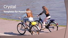  Presentation with bicycles - PPT theme having two young girls are riding the bicycles at the river background and a gray colored foreground