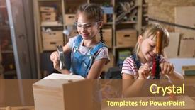  Presentation with girl power - PPT theme having two young girls doing woodwork background and a tawny brown colored foreground