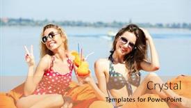  Presentation with beach bag - Slide deck enhanced with two young girls enjoying cocktail on bag seats on beach at summertime background and a coral colored foreground