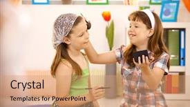  Presentation with fun - Slides featuring two young girls having fun background and a coral colored foreground