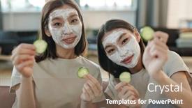  Presentation with clay faces - Beautiful slides featuring two-young-happy-asian-females backdrop and a coral colored foreground