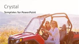  Presentation with women driving - Beautiful presentation design featuring two young happy excited women enjoying beautiful sunny day while driving a off road buggy car on mountain nature backdrop and a cream colored foreground
