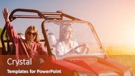  Presentation with women driving - Colorful presentation enhanced with two young happy excited women enjoying beautiful sunny day while driving a off road buggy car on mountain nature backdrop and a crimson colored foreground