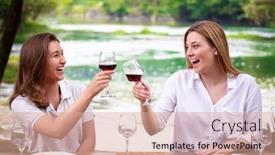  Presentation with outdoor party - Amazing presentation theme having two young happy girlfriends toasting red wine glass while having picnic french dinner party outdoor during summer holiday vacation near the river at beautiful nature backdrop and a coral colored foreground