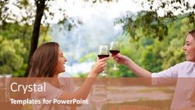  Presentation with outdoor party - Presentation design having two young happy girlfriends toasting red wine glass while having picnic french dinner party outdoor during summer holiday vacation near the river at beautiful nature background and a coral colored foreground