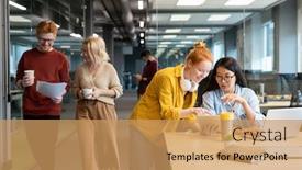  Presentation with intercultural - Audience pleasing presentation theme consisting of two-young-happy-intercultural-businesswomen backdrop and a coral colored foreground
