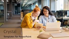  Presentation with intercultural - Colorful theme enhanced with two-young-happy-intercultural-businesswomen backdrop and a coral colored foreground
