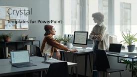  Presentation with front desk - PPT layouts enhanced with two-young-intercultural-analysts-communicating background and a light gray colored foreground