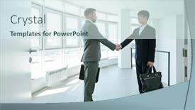  Presentation with intercultural - PPT theme with two-young-intercultural-business-partners background and a sky blue colored foreground