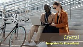  Presentation with intercultural - PPT layouts consisting of two-young-intercultural-colleagues-discussing and a  colored foreground