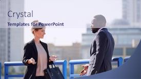  Presentation with intercultural - Presentation design with two-young-intercultural-colleagues background and a sky blue colored foreground