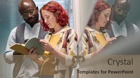  Presentation with modern building - Slides enhanced with two-young-intercultural-employees background and a  colored foreground