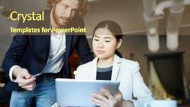  Presentation with online meeting - Audience pleasing theme consisting of two young intercultural experts analyzing backdrop and a violet colored foreground