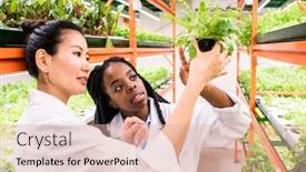  Presentation with young plant - Presentation design featuring two-young-intercultural-female-biologists background and a lemonade colored foreground