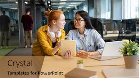  Presentation with working together - Theme consisting of two-young-intercultural-female-managers background and a gold colored foreground