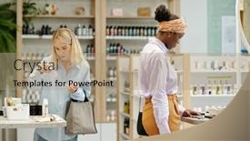  Presentation with products supermarket - PPT layouts featuring two-young-intercultural-female-shoppers background and a coral colored foreground