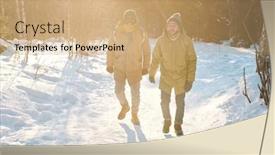  Presentation with moving snow - Audience pleasing PPT theme consisting of two-young-intercultural-male-backpackers backdrop and a coral colored foreground