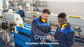  Presentation with industrial workers - Slide set consisting of two-young-intercultural-male-workers background and a ocean colored foreground