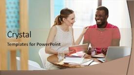  Presentation with managers - Amazing PPT layouts having two young intercultural managers laughing backdrop and a coral colored foreground