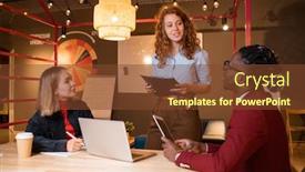  Presentation with managers - Audience pleasing presentation design consisting of two young intercultural managers listening to report of their successful colleague at meeting in cafe backdrop and a tawny brown colored foreground