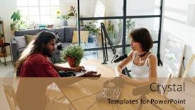  Presentation with front desk - PPT theme with two-young-intercultural-people-having background and a coral colored foreground
