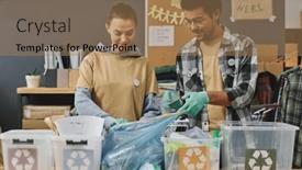  Presentation with recycle plastic - Presentation theme consisting of two-young-intercultural-volunteers-sorting background and a coral colored foreground