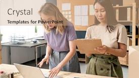  Presentation with women making - Slides enhanced with two-young-intercultural-women-standing background and a coral colored foreground