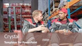  Presentation with industrial workers - Cool new PPT theme with two-young-intercultural-workers-sitting backdrop and a coral colored foreground