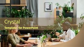  Presentation with employees - Slide deck consisting of two-young-interracial-employees-sitting background and a tawny brown colored foreground