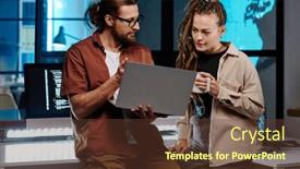  Presentation with coffee cup - Presentation design featuring two-young-it-engineers-discussing background and a tawny brown colored foreground