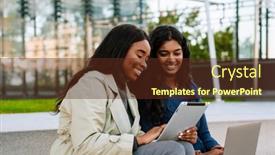  Presentation with city street - PPT layouts with two-young-joyful-multinational-women background and a tawny brown colored foreground