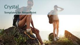  Presentation with backpacks - Colorful PPT theme enhanced with two young ladies with backpacks backdrop and a lemonade colored foreground