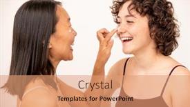  Presentation with intercultural - Colorful presentation enhanced with two-young-laughing-intercultural-brunettes backdrop and a coral colored foreground