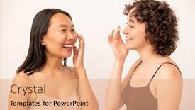  Presentation with females - Audience pleasing presentation theme consisting of two-young-laughing-intercultural-females backdrop and a coral colored foreground