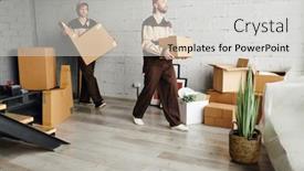  Presentation with studio flat - Cool new slide deck with two-young-loaders-in-workwear backdrop and a light gray colored foreground