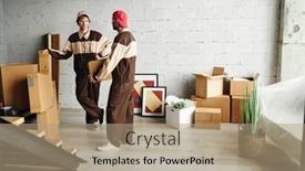  Presentation with studio flat - PPT theme enhanced with two-young-loaders-in-workwear background and a coral colored foreground