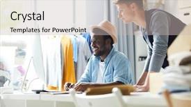  Presentation with designe for two wheelers safety - Colorful slide set enhanced with two young male intercultural designers backdrop and a light gray colored foreground