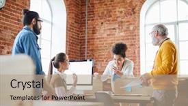  Presentation with managers - Colorful PPT theme enhanced with two young managers or analysts backdrop and a mint green colored foreground