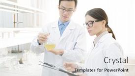  Presentation with coats - Theme with two-young-medical-scientists background and a sky blue colored foreground