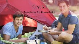  Presentation with camping - Slide set consisting of two young men cooking on camping stove outside tent background and a coral colored foreground