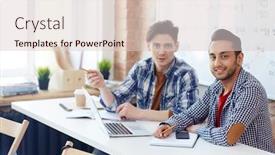  Presentation with discussion - Audience pleasing presentation consisting of two young men sitting by desk and looking at camera during discussion of new creative project backdrop and a lemonade colored foreground
