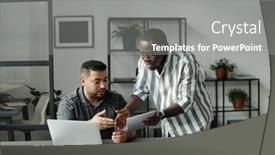  Presentation with multicultural - Presentation design consisting of two-young-multicultural-colleagues background and a  colored foreground